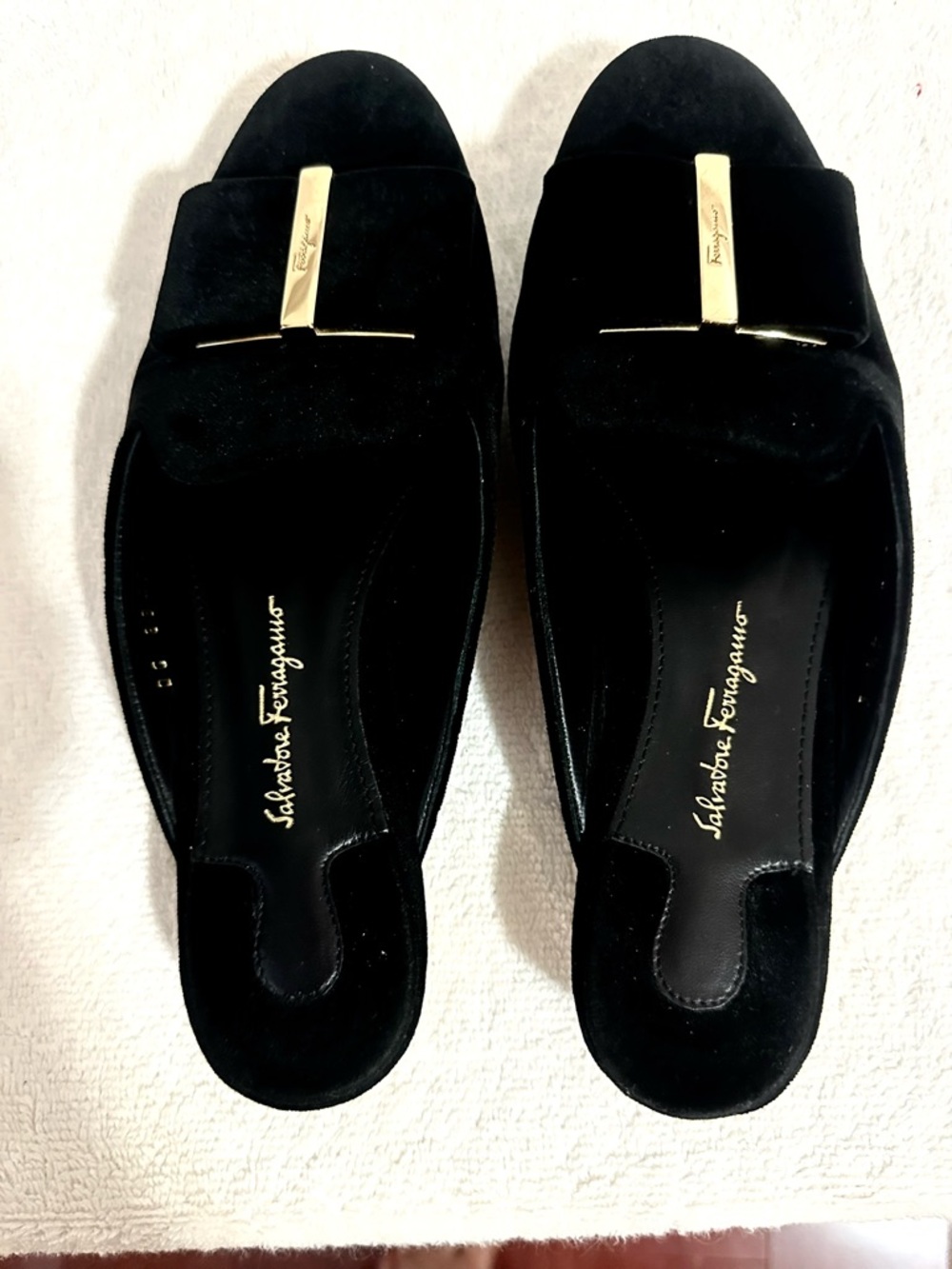 Salvatore Ferragamo Black Suede Slide Mules with Gold Accents